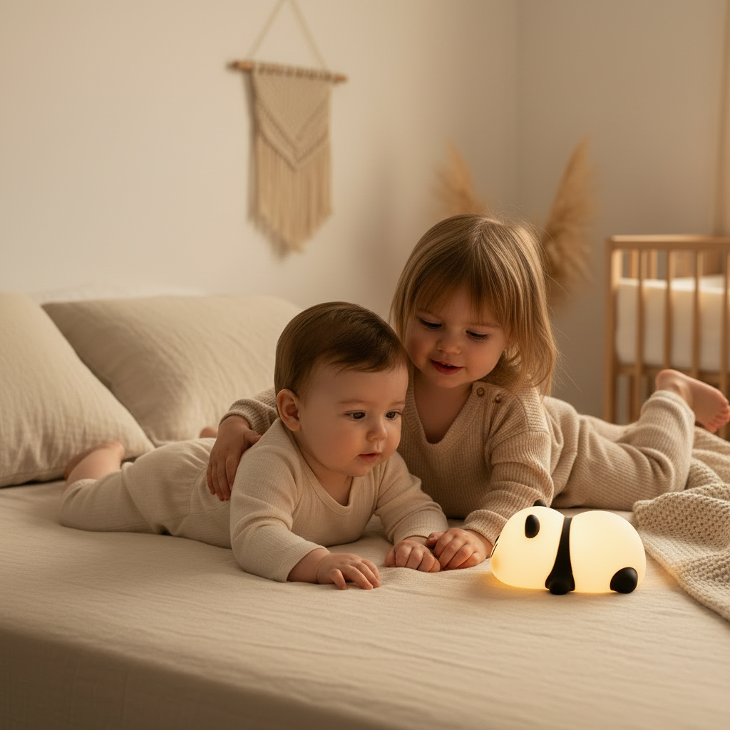 Veilleuse panda bébé posée sur lit pendant un moment de complicité entre deux jeunes enfants dans une chambre lumineuse.