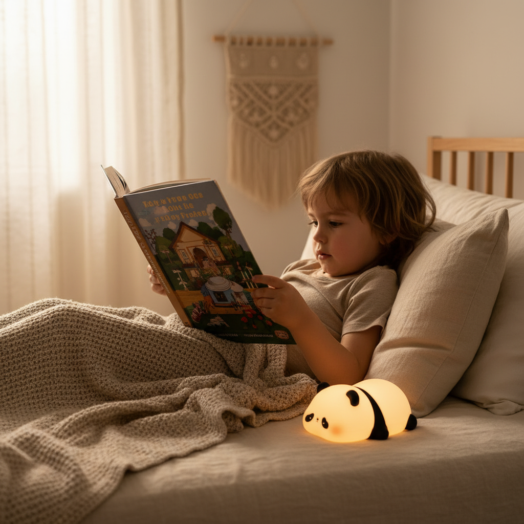 Veilleuse panda bébé utilisée comme lumière d'appoint par un enfant qui lit un livre dans son lit avant de s'endormir.