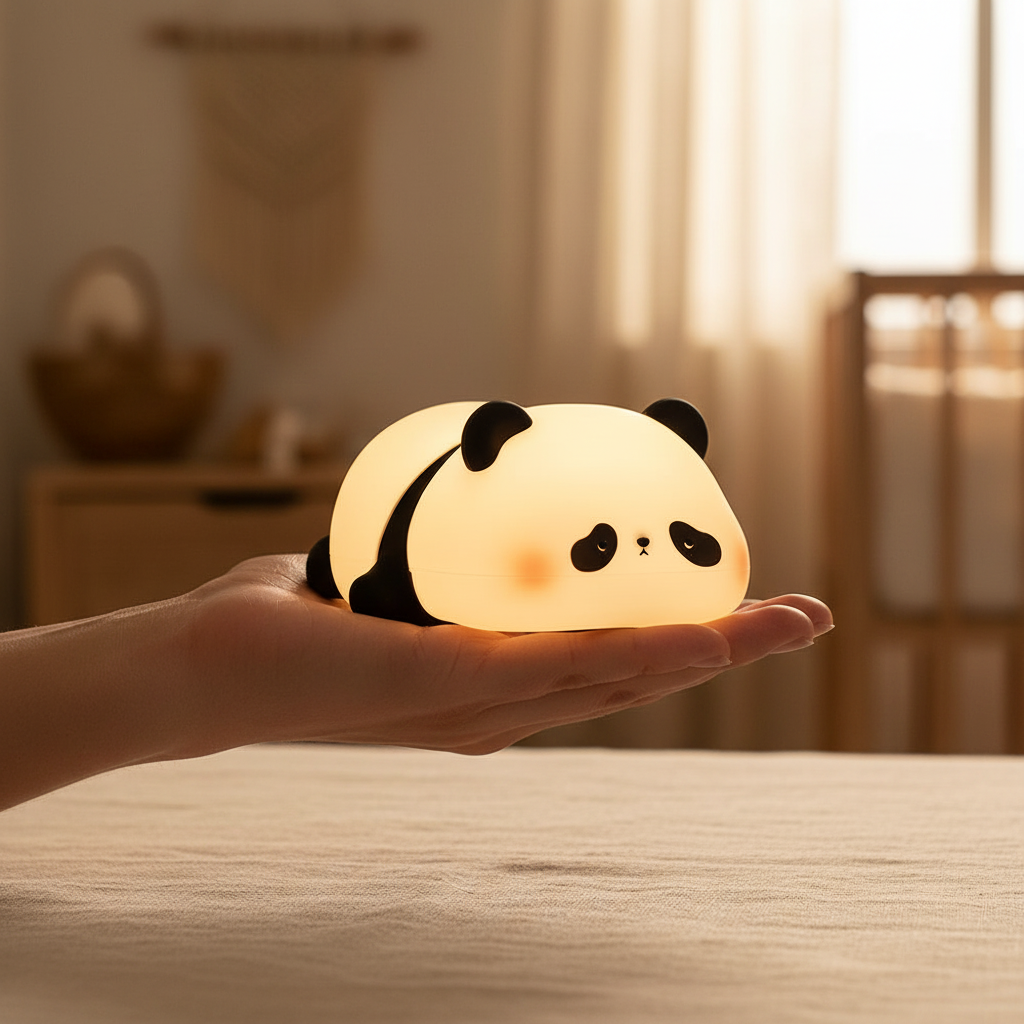 Veilleuse panda bébé en silicone souple et tactile tenue dans la main pour montrer sa texture douce et sa taille compacte.