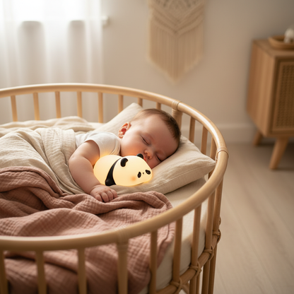 Veilleuse panda bébé accompagnant le sommeil profond d'un nouveau-né dans un lit à barreaux rond au design scandinave.