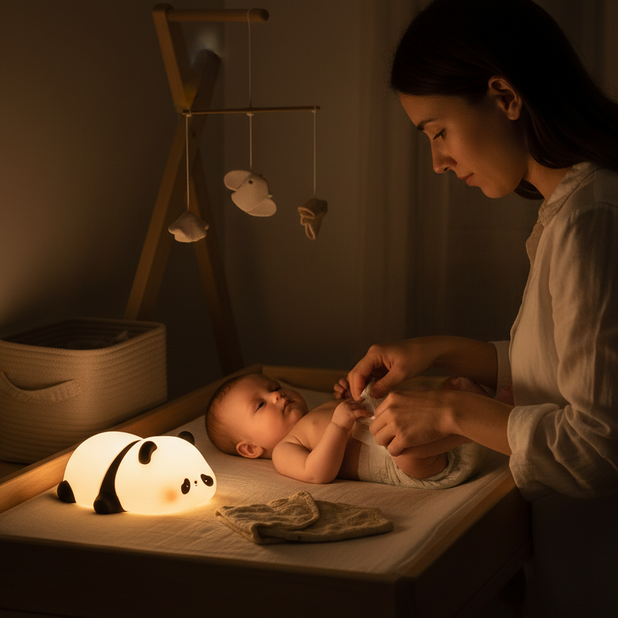 Veilleuse panda bébé éclairant doucement une table à langer pour faciliter le change nocturne sans réveiller le nourrisson.