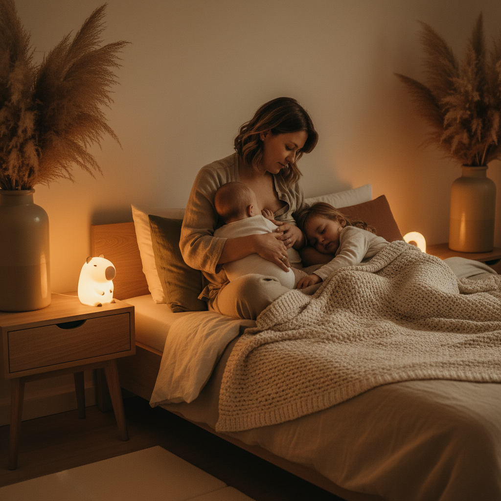 Veilleuse pour bébé capybara diffusant une lumière chaude et tamisée pendant l'allaitement nocturne dans une chambre parentale au style boho chic.