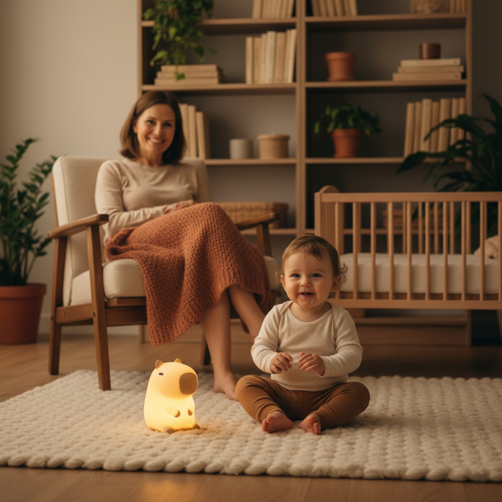 Veilleuse pour bébé, Bébé jouant en toute sécurité avec sa veilleuse pour bébé capybara tactile sur un tapis de jeu au design nordique.