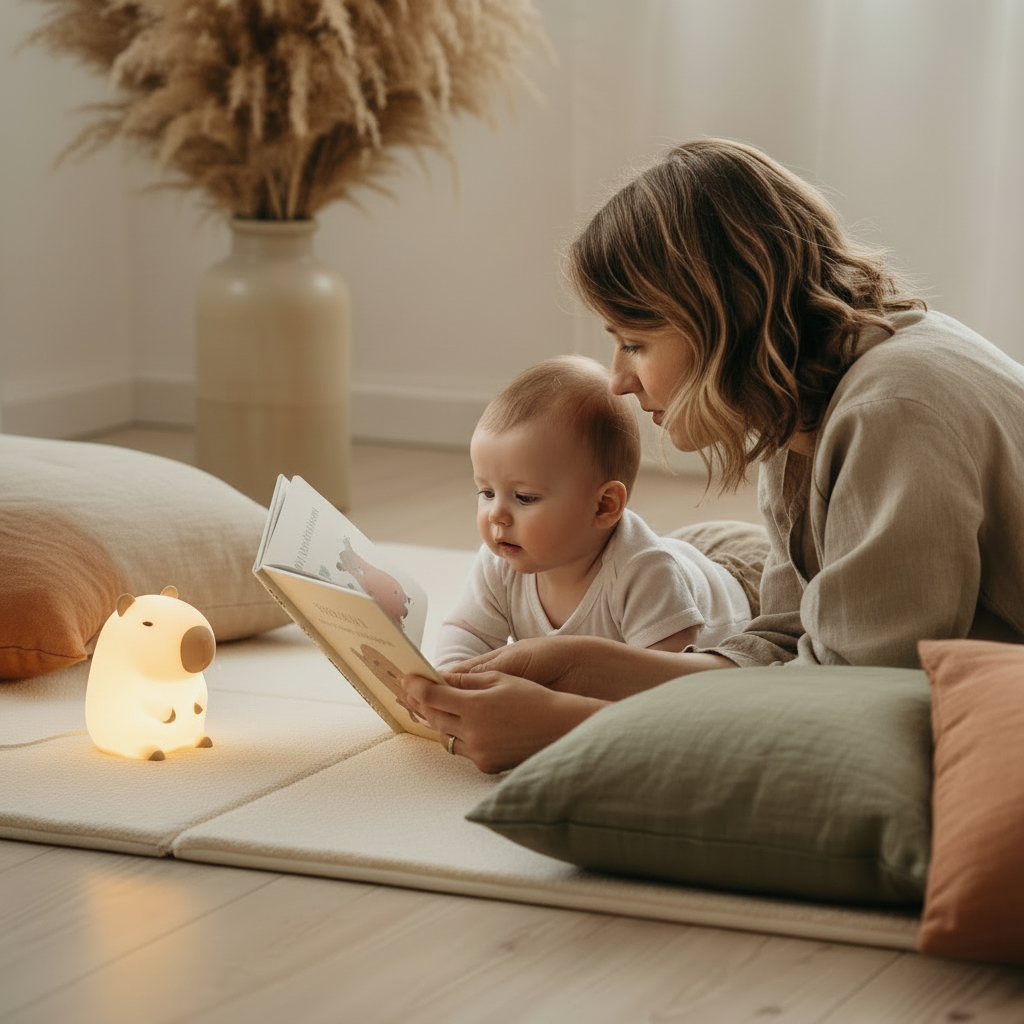 Veilleuse pour bébé capybara éclairant un moment de lecture entre maman et nourrisson dans une chambre au style boho