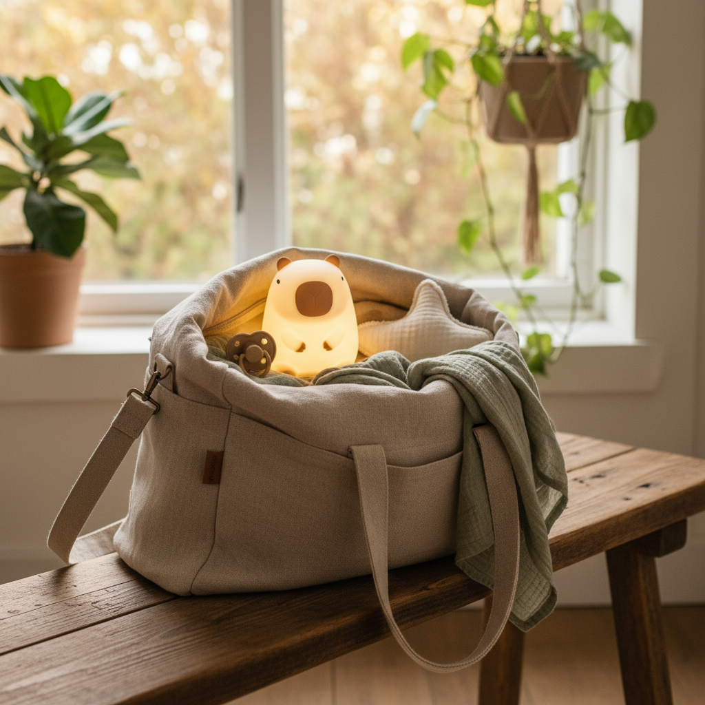 Veilleuse pour bébé nomade en forme de capybara rangée dans un sac pour une utilisation pratique en voyage.