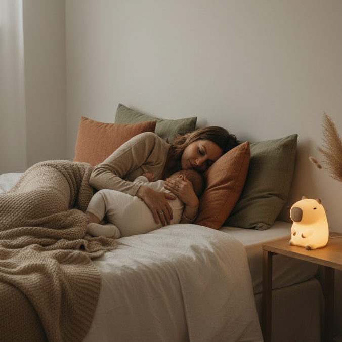 Veilleuse pour bébé,Ambiance nocturne apaisante avec la veilleuse pour bébé capybara sur une table de chevet pendant le repos de maman