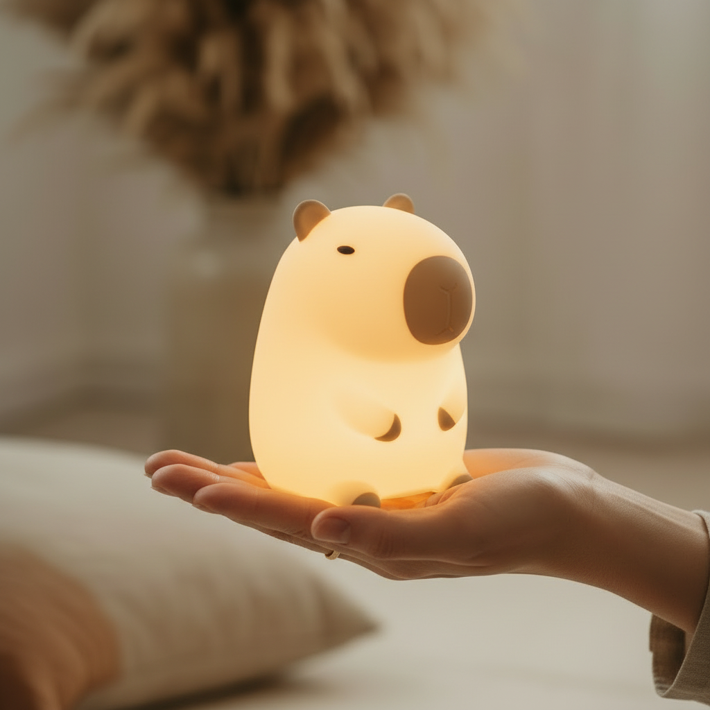 Veilleuse pour bébé, gros plan, capybara en silicone doux et tactile, diffusant une lumière chaude et tamisée dans le creux d'une main.