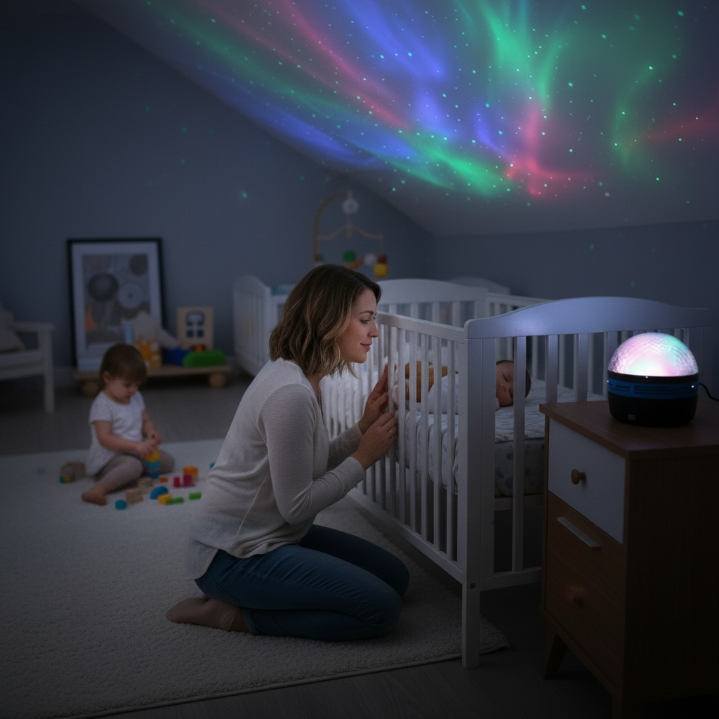 Veilleuse projection bébé créant une ambiance de nuit étoilée dans une chambre d'enfant moderne.