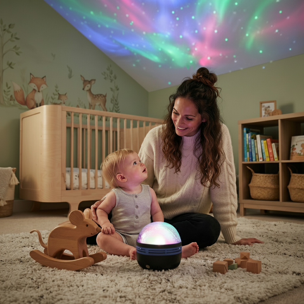Veilleuse projection bébé dans une chambre décorée avec des jouets en bois et des illustrations d'animaux.