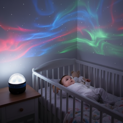 Veilleuse projection bébé illuminant les murs de la chambre de motifs colorés au-dessus du berceau. 