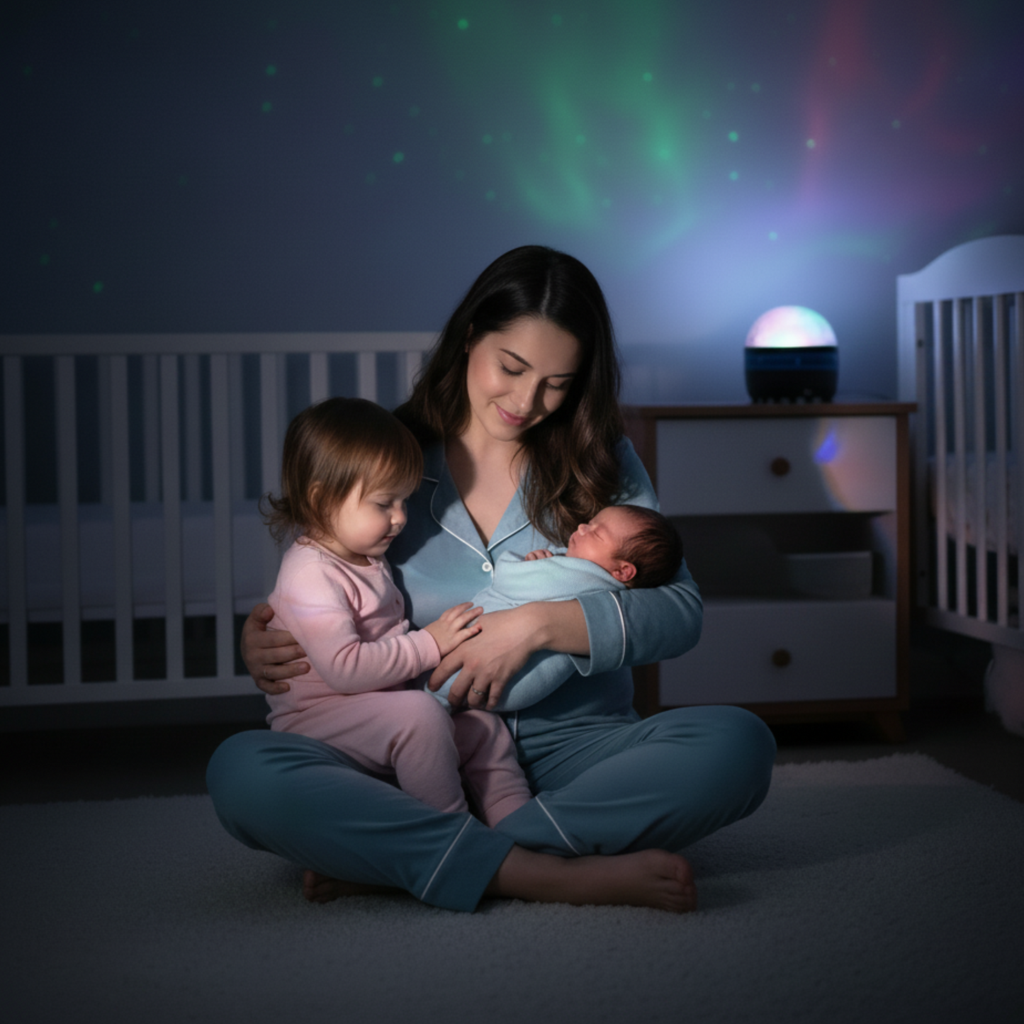 Veilleuse projection bébé allumée pendant qu'une maman berce son bébé pour l'endormir.