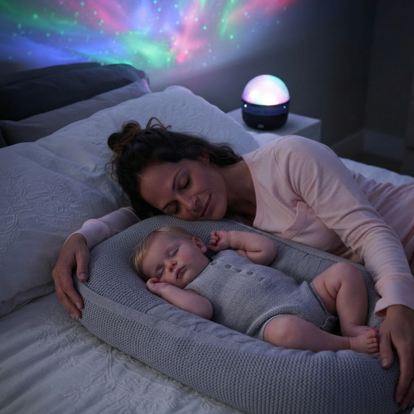 Veilleuse projection bébé créant un moment de détente entre une maman et son bébé avant le coucher.