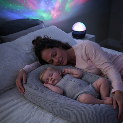 Veilleuse projection bébé créant un moment de détente entre une maman et son bébé avant le coucher.