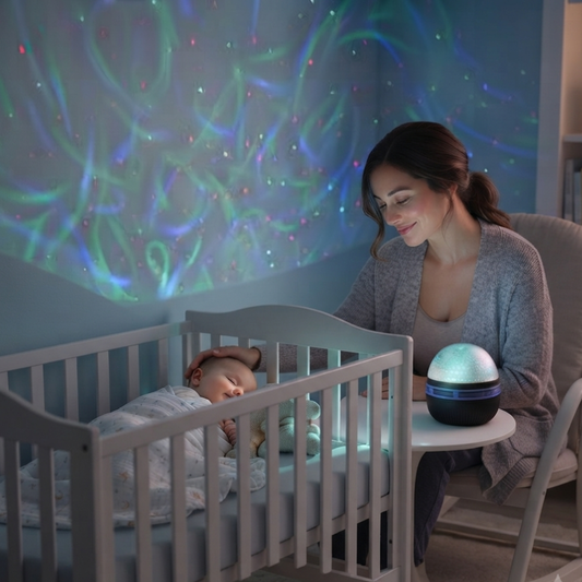 Veilleuse projection bébé diffusant une lumière apaisante dans une chambre, avec une maman veillant sur son bébé endormi dans un berceau.
