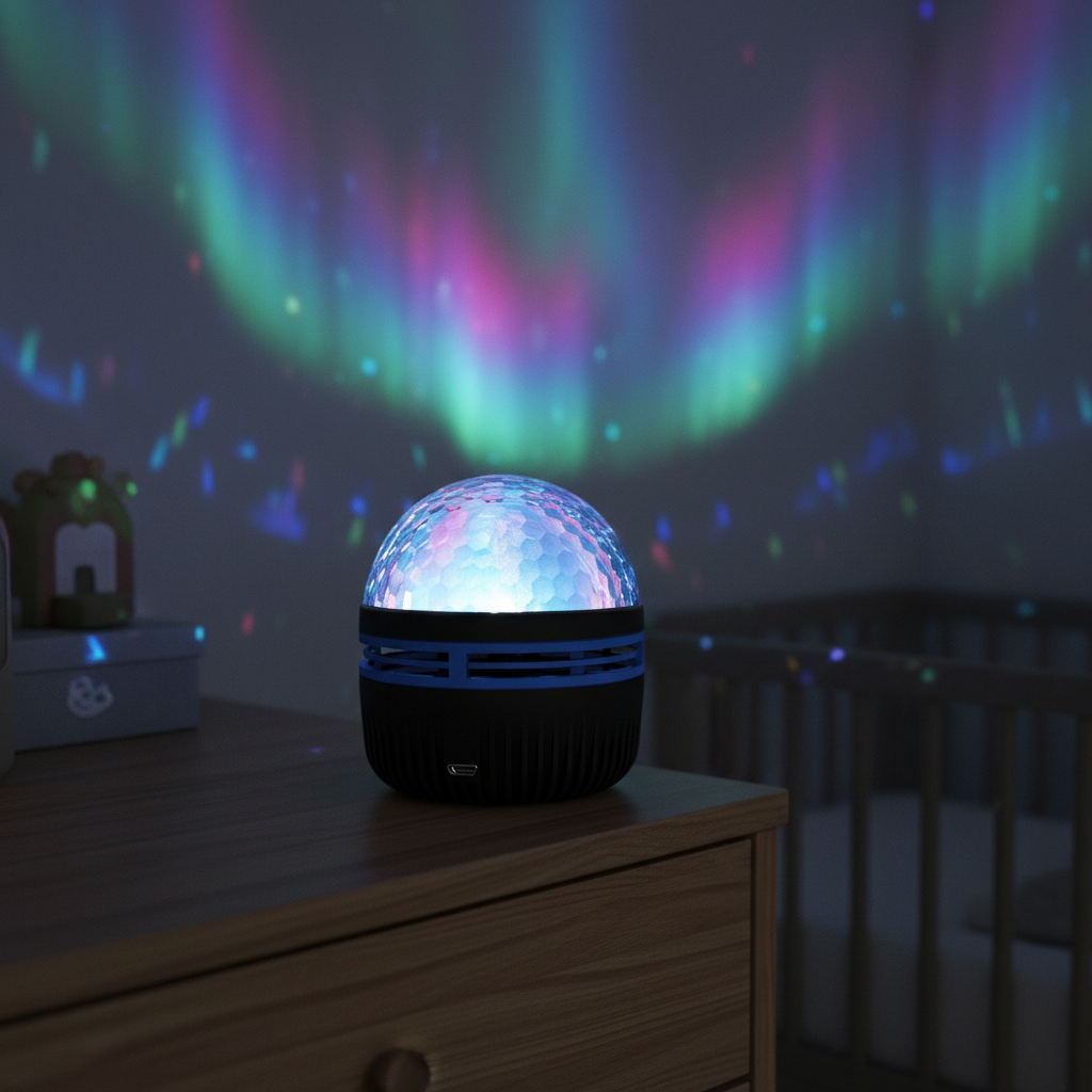 Veilleuse projection bébé projetant des motifs ocean depuis une table de chevet.