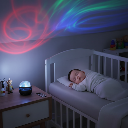 Veilleuse projection bébé aidant un nourrisson à dormir paisiblement dans son berceau.