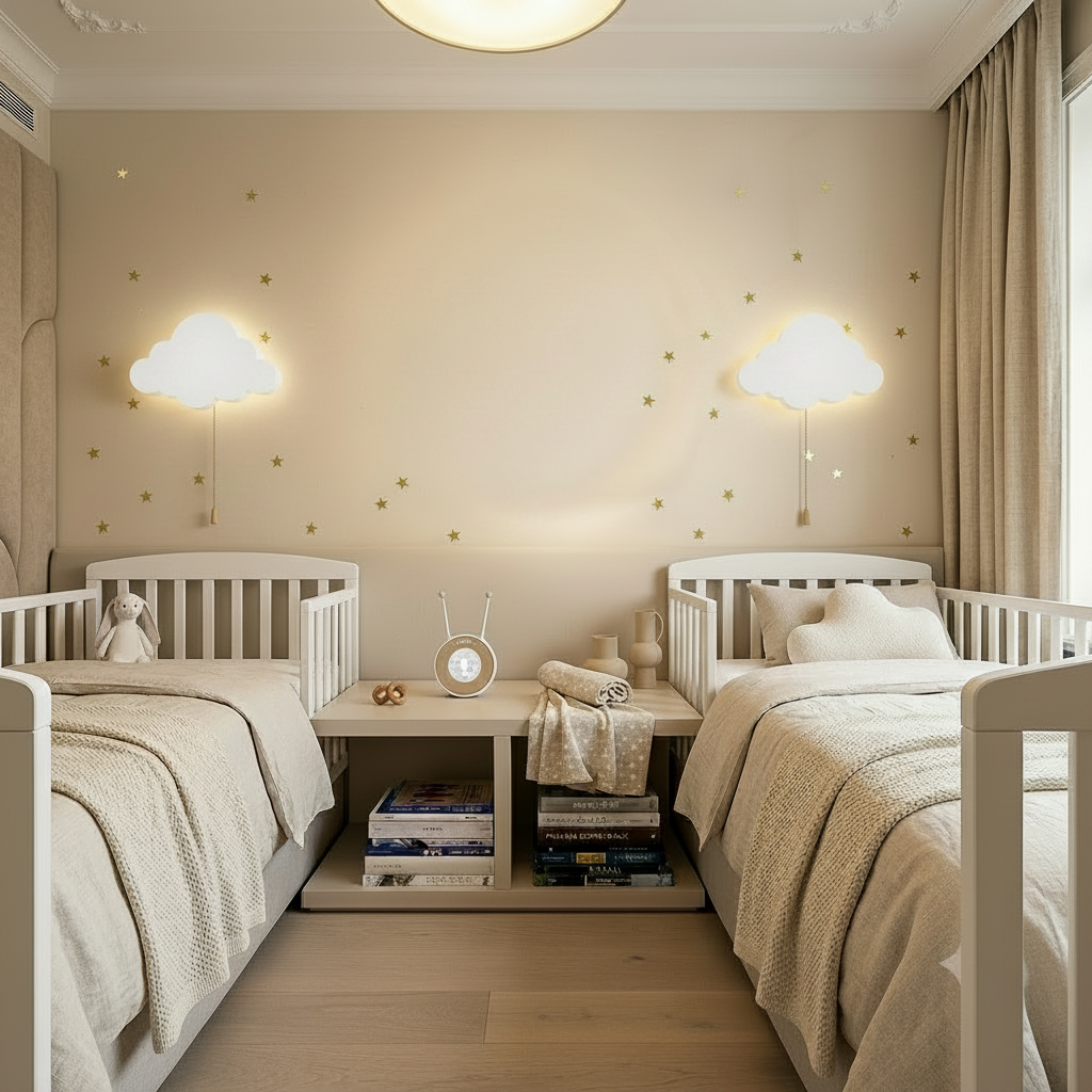 Veilleuses murales, ensemble de deux  nuage installées dans une chambre partagée pour enfants.
